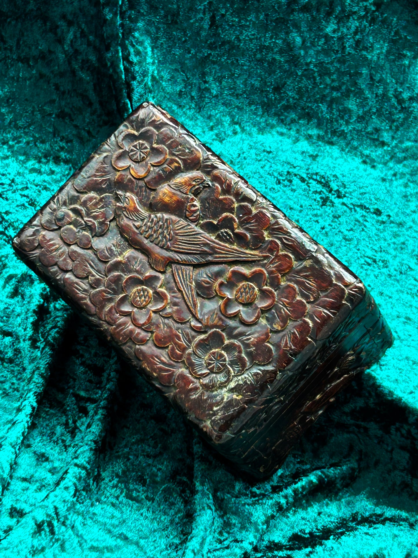 Vintage Japanese hand-carved solid wood box with pheasant and blossom relief lid
