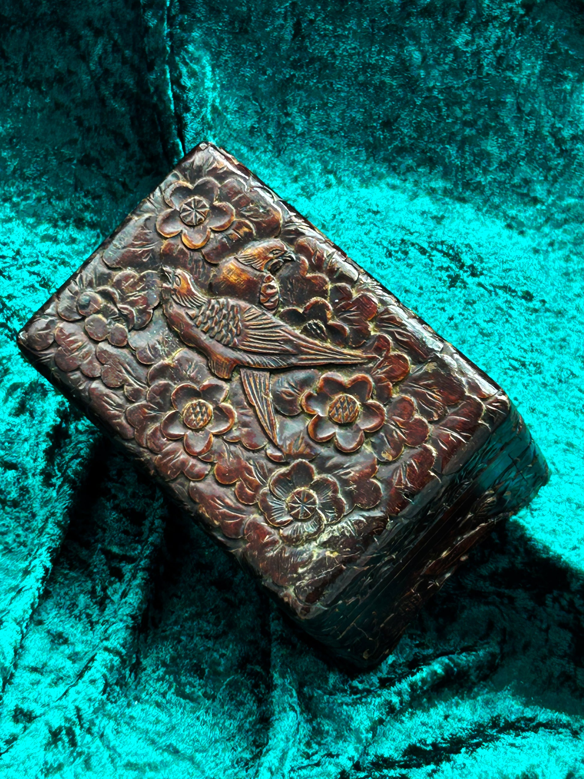 Vintage Japanese hand-carved solid wood box with pheasant and blossom relief lid