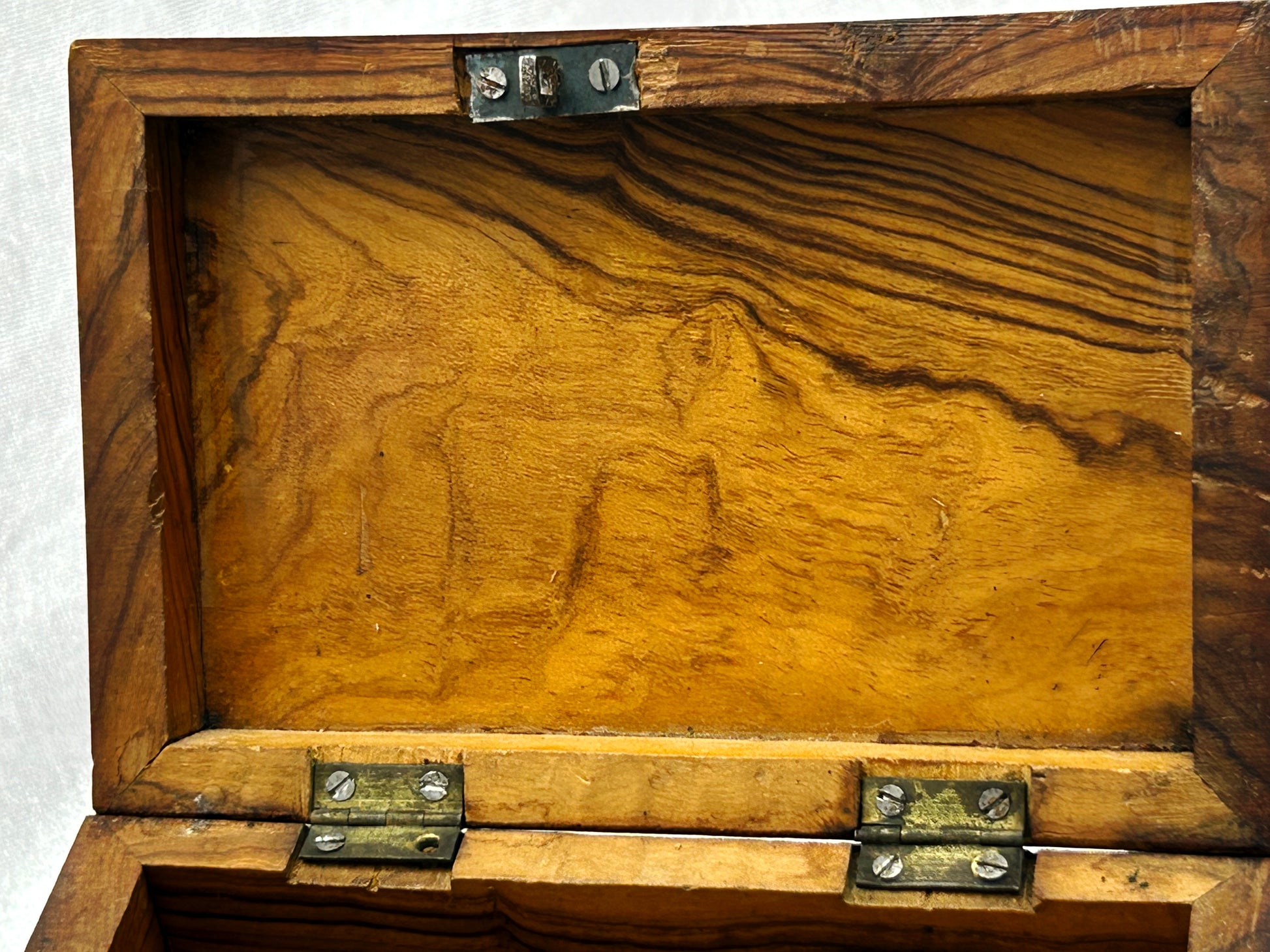 Close detail of the box interior and brass hinges and screws