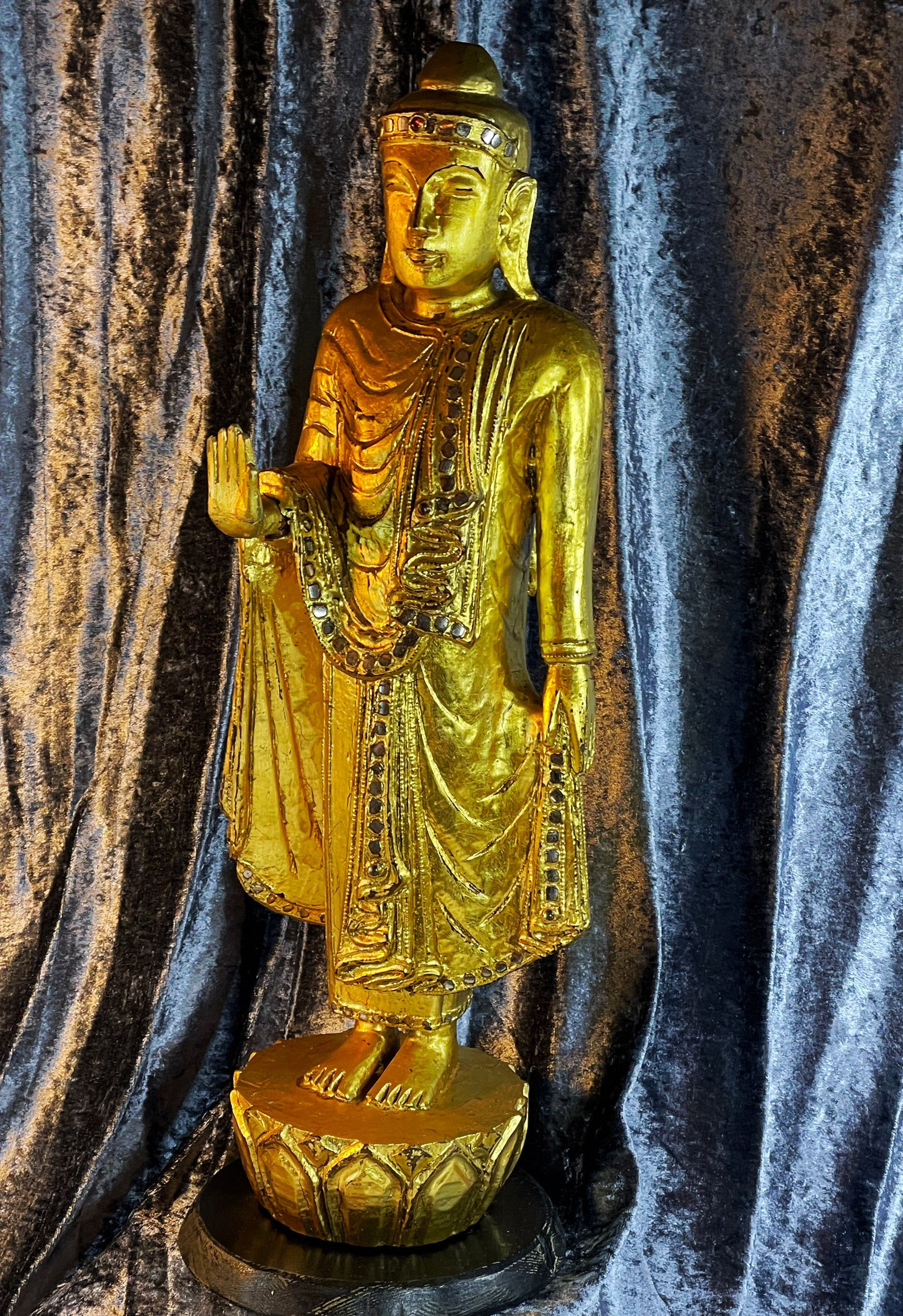 Vintage Mandalay Style Standing Buddha – Gold Gilded Burma Myanmar – 60 cm – Spiritual Statement Sculpture
