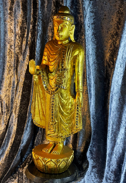 Vintage Mandalay Style Standing Buddha – Gold Gilded Burma Myanmar – 60 cm – Spiritual Statement Sculpture