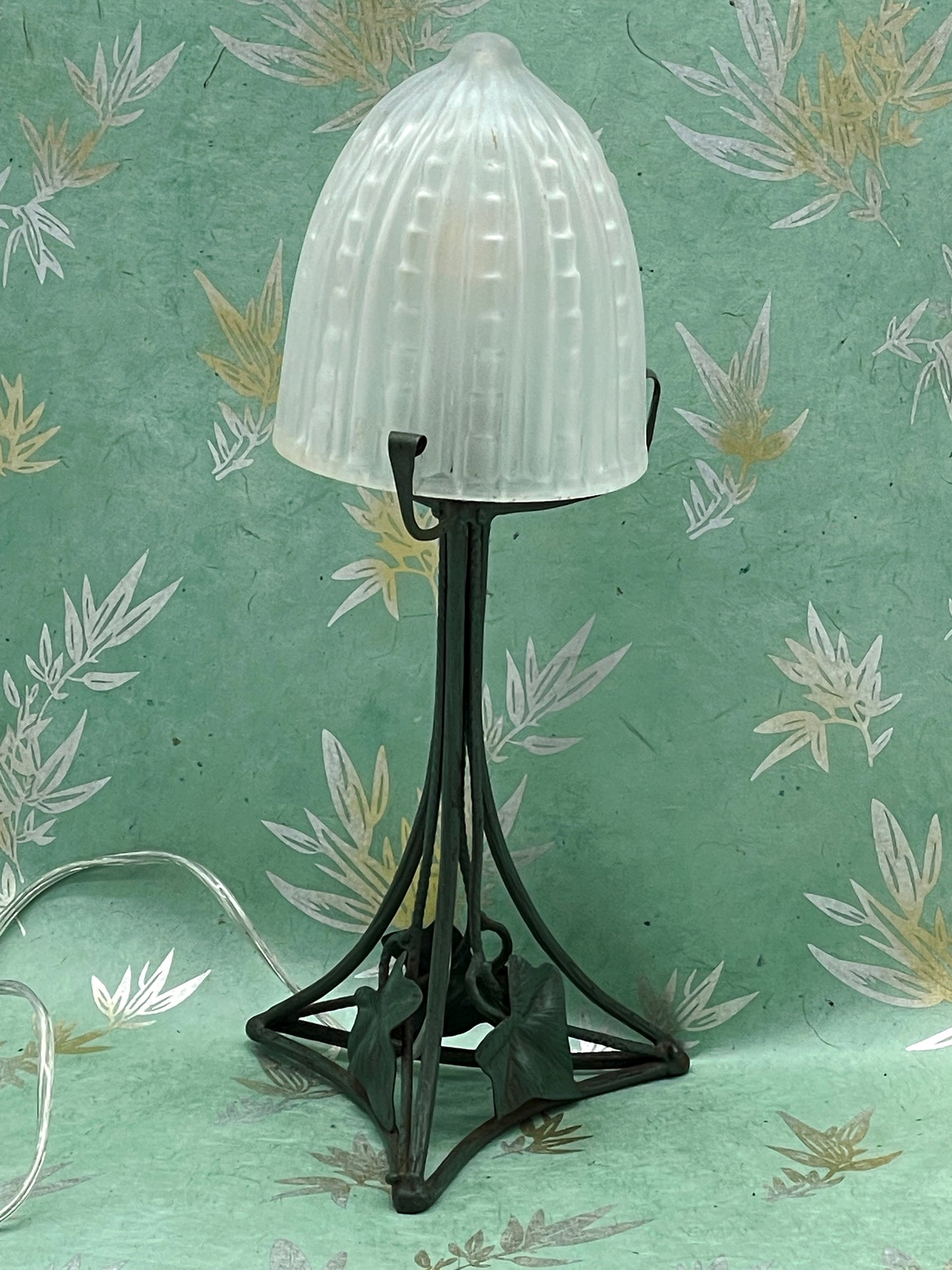 French Art Déco wrought iron table lamp with frosted glass dome shade
