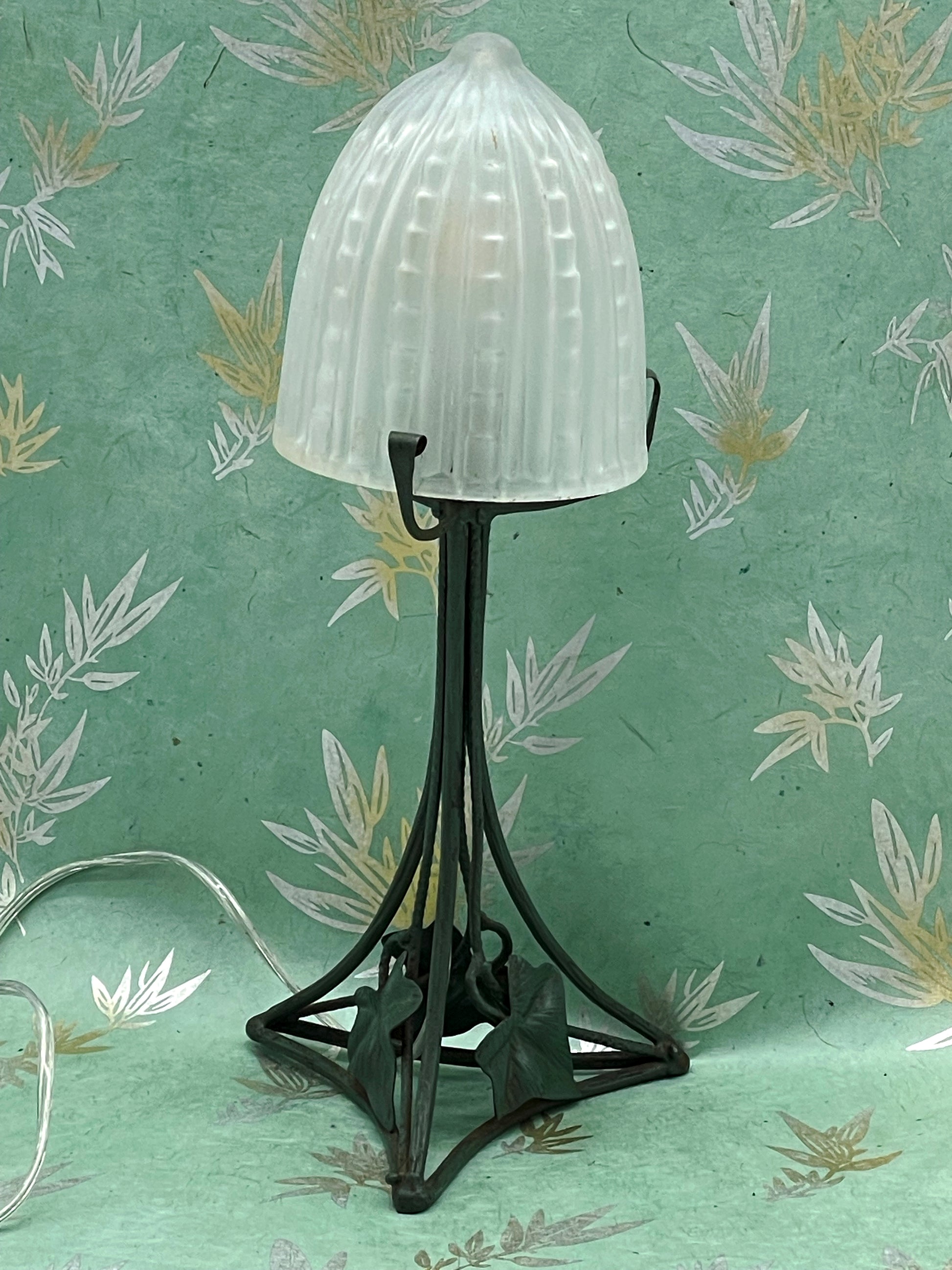 French Art Déco wrought iron table lamp with frosted glass dome shade