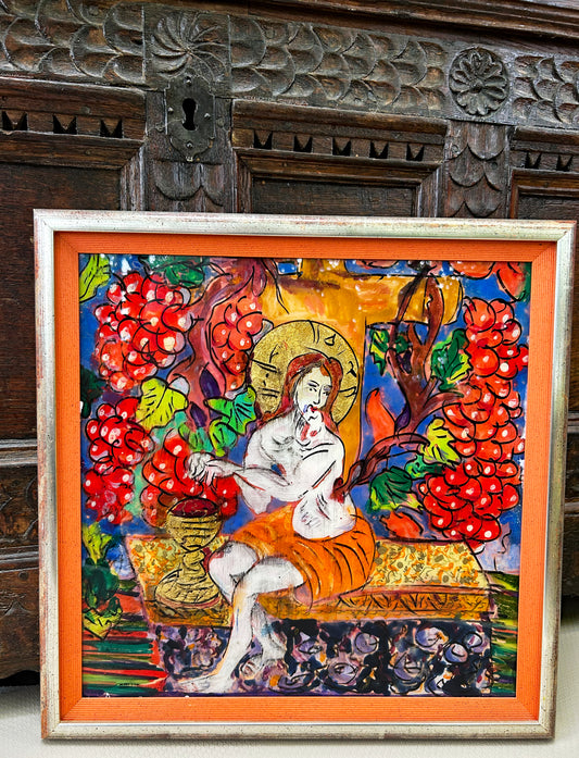 Saint Among the Vines – Hand-Painted Reverse Glass Icon with 24 Carat Gold Highlights