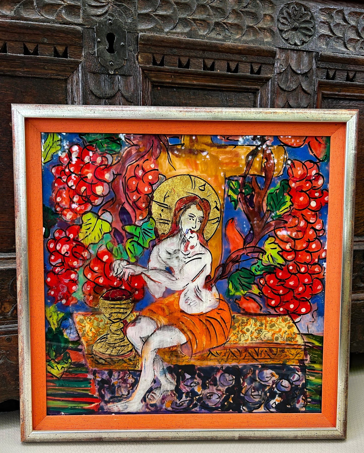 Saint Among the Vines – Hand-Painted Reverse Glass Icon with 24 Carat Gold Highlights