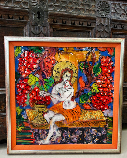 Saint Among the Vines – Hand-Painted Reverse Glass Icon with 24 Carat Gold Highlights