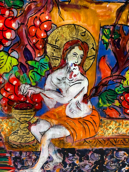 Saint Among the Vines – Hand-Painted Reverse Glass Icon with 24 Carat Gold Highlights