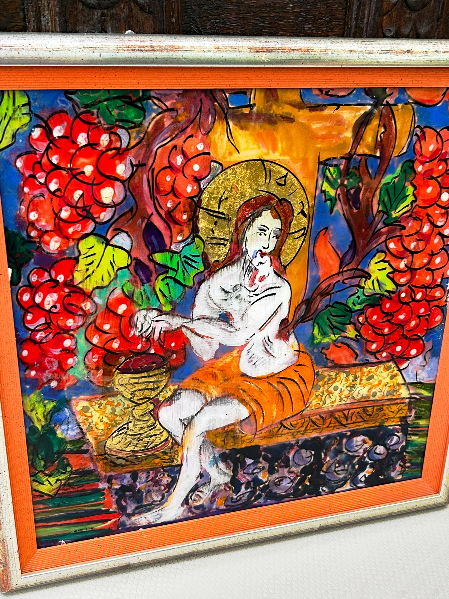 Saint Among the Vines – Hand-Painted Reverse Glass Icon with 24 Carat Gold Highlights