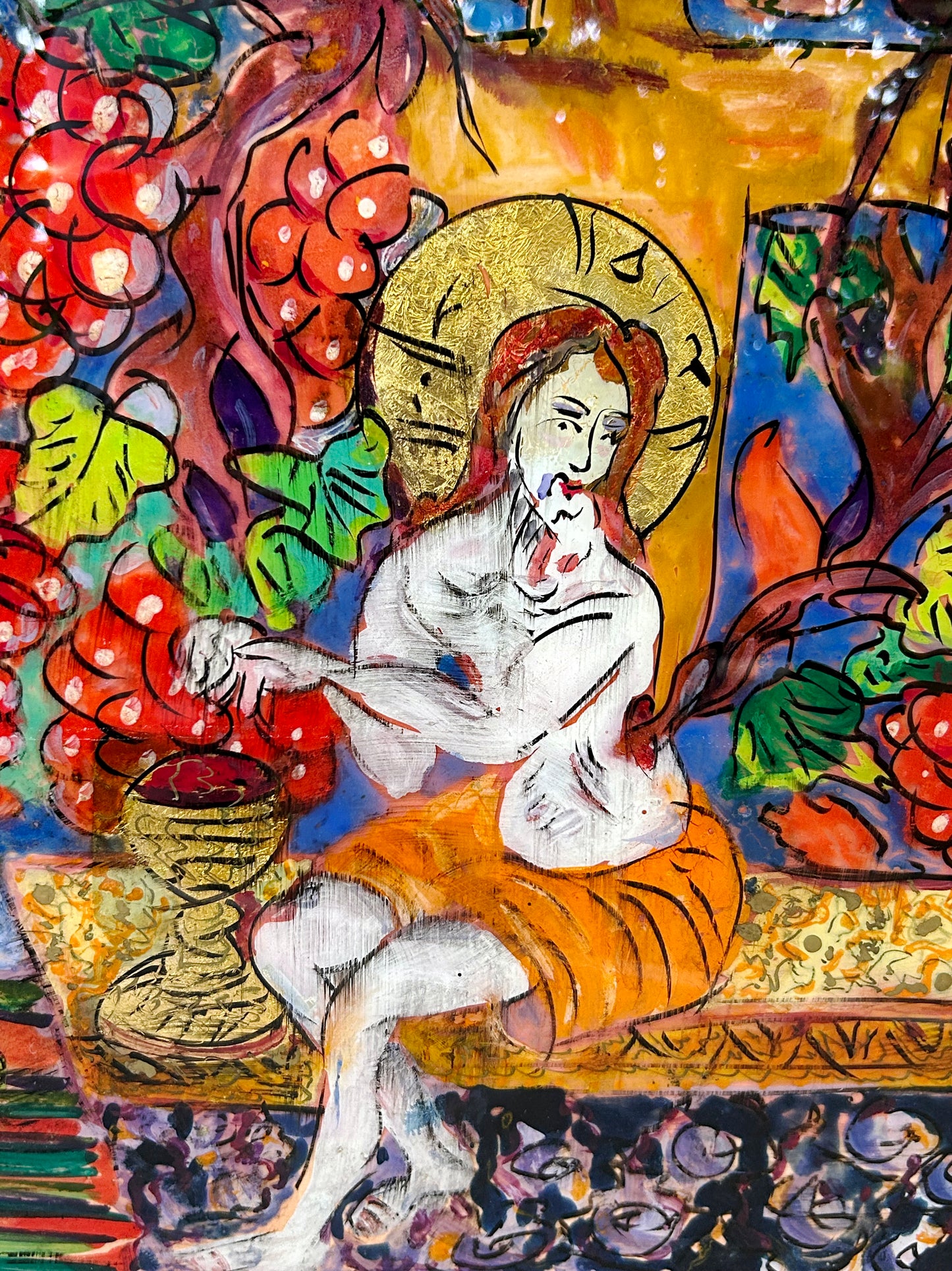 Saint Among the Vines – Hand-Painted Reverse Glass Icon with 24 Carat Gold Highlights