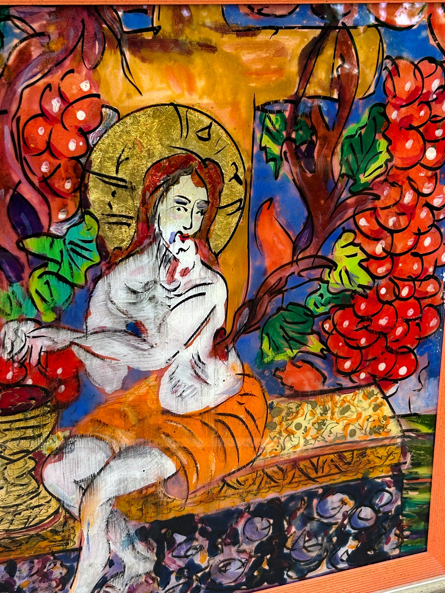 Saint Among the Vines – Hand-Painted Reverse Glass Icon with 24 Carat Gold Highlights