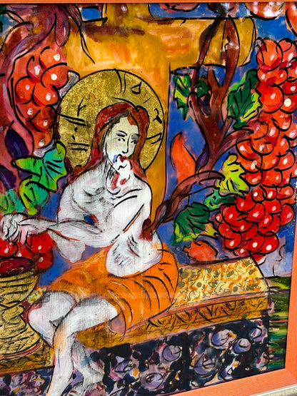 Saint Among the Vines – Hand-Painted Reverse Glass Icon with 24 Carat Gold Highlights
