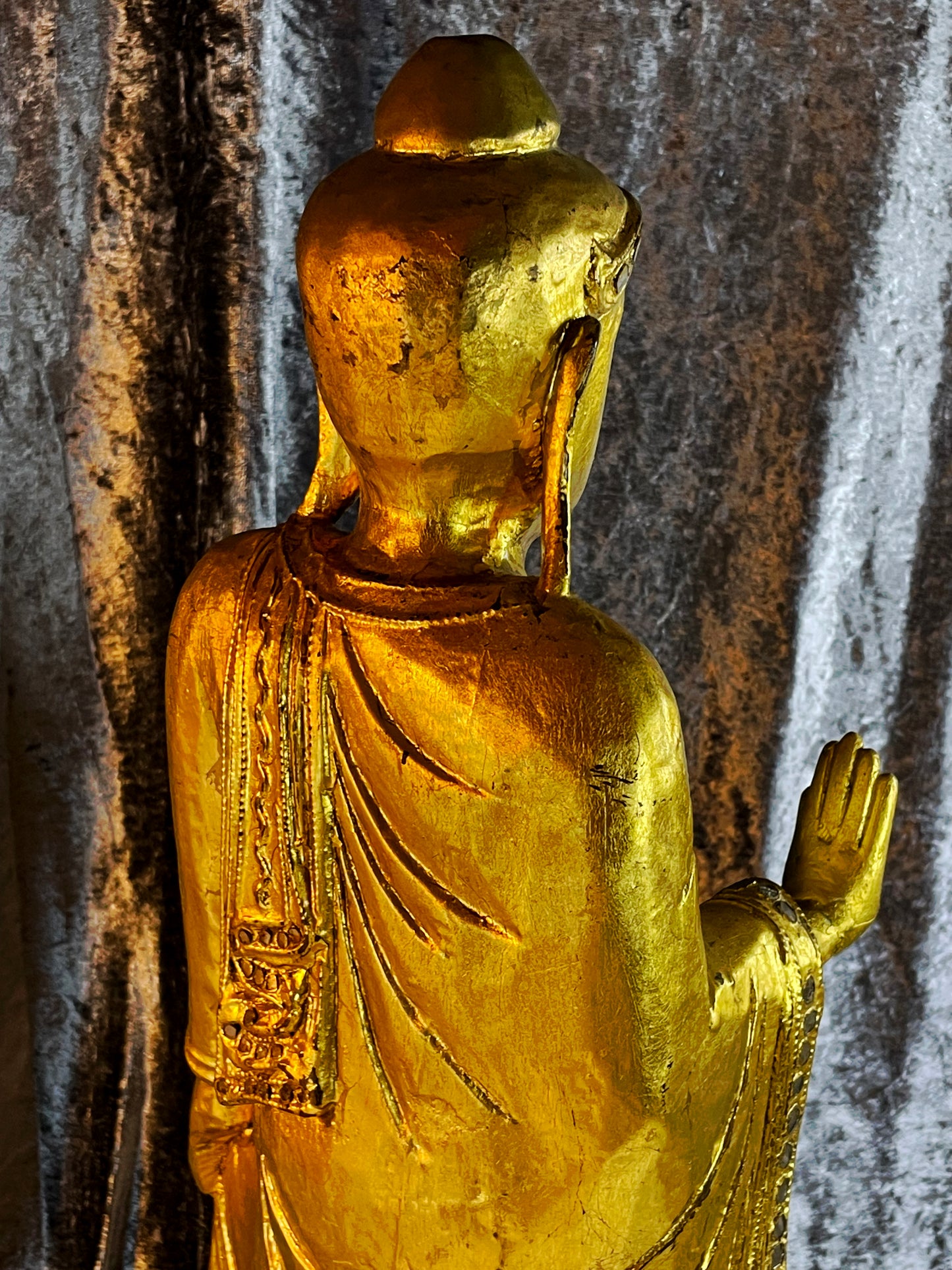 Vintage Mandalay Style Standing Buddha – Gold Gilded Burma Myanmar – 60 cm – Spiritual Statement Sculpture