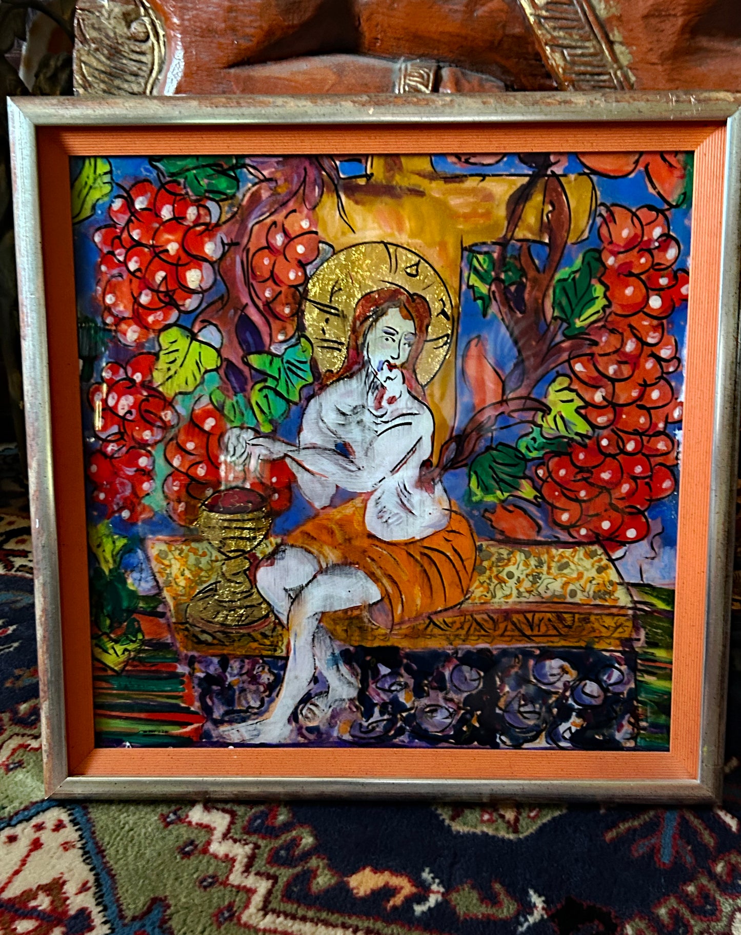 Saint Among the Vines – Hand-Painted Reverse Glass Icon with 24 Carat Gold Highlights
