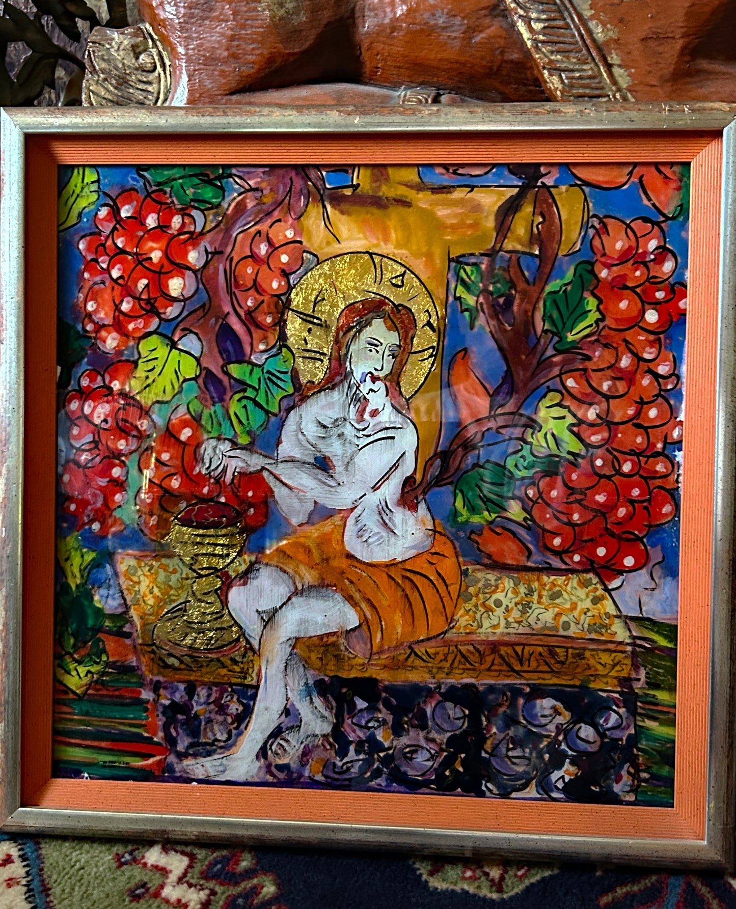 Saint Among the Vines – Hand-Painted Reverse Glass Icon with 24 Carat Gold Highlights