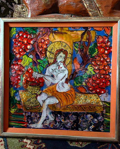 Saint Among the Vines – Hand-Painted Reverse Glass Icon with 24 Carat Gold Highlights
