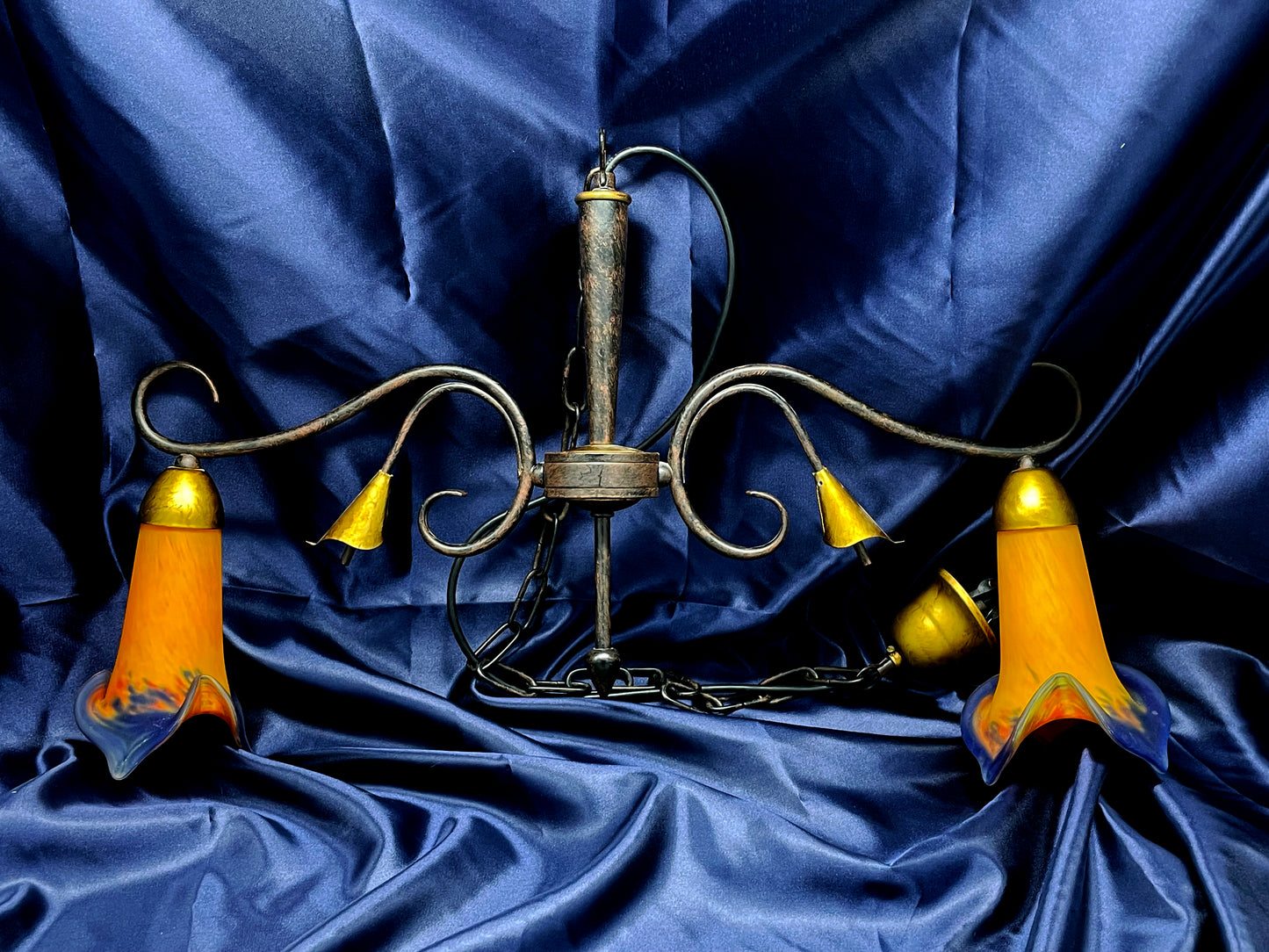French vintage hanging lamp with two pâte de verre tulip shades in blue, yellow and orange