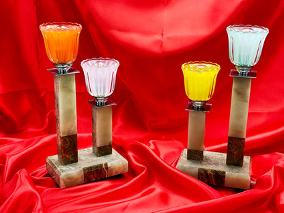 Pair of Art Deco Marble & Onyx Lamps with Colorful Glass Tulip Shades