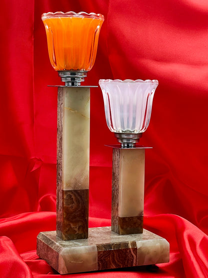 Pair of Art Deco Marble & Onyx Lamps with Colorful Glass Tulip Shades
