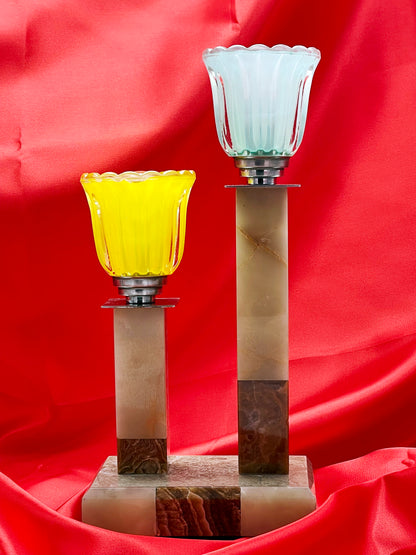 Pair of Art Deco Marble & Onyx Lamps with Colorful Glass Tulip Shades