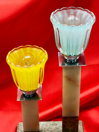 Pair of Art Deco Marble & Onyx Lamps with Colorful Glass Tulip Shades