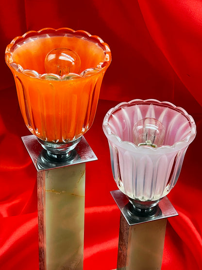 Pair of Art Deco Marble & Onyx Lamps with Colorful Glass Tulip Shades