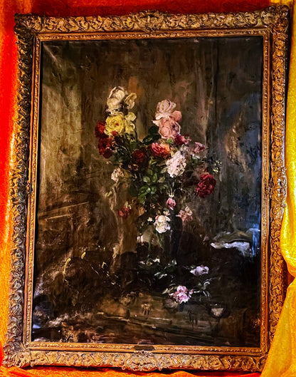 Mystical Roses Still Life by Aurél Náray (1883–1959) – Large Antique Hungarian Floral Painting c.1920 in Ornate Gilt Frame