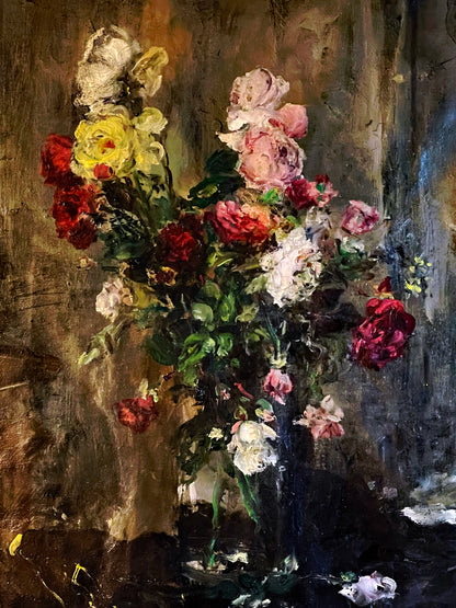 Mystical Roses Still Life by Aurél Náray (1883–1959) – Large Antique Hungarian Floral Painting c.1920 in Ornate Gilt Frame