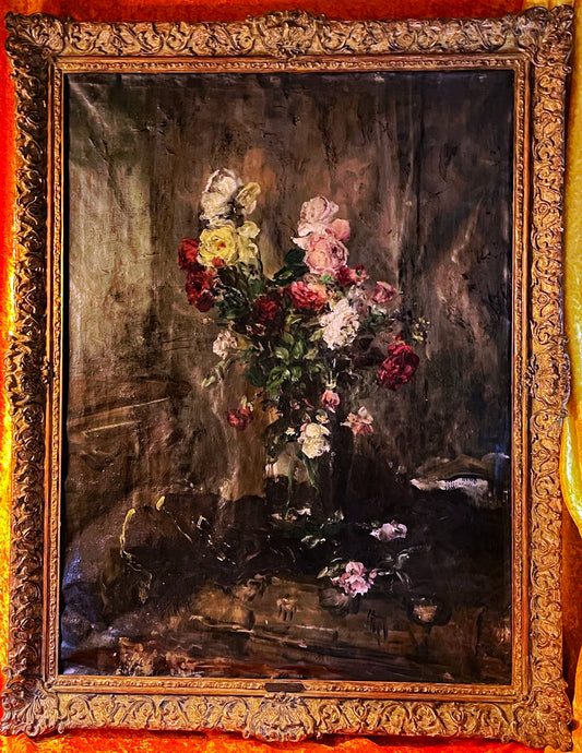Mystical Roses Still Life by Aurél Náray (1883–1959) – Large Antique Hungarian Floral Painting c.1920 in Ornate Gilt Frame