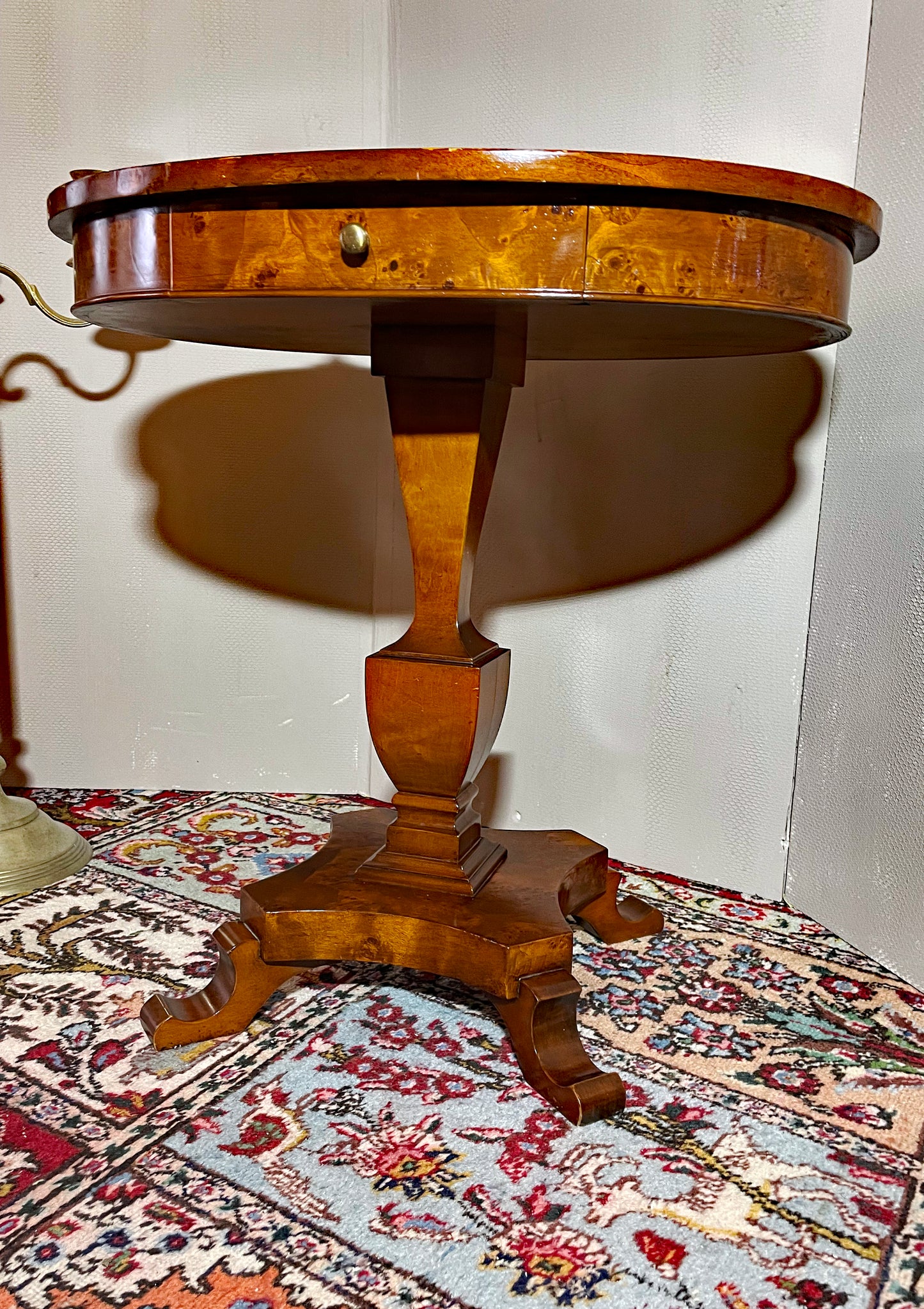 Antique oval burl wood pedestal side table, full straight-on view