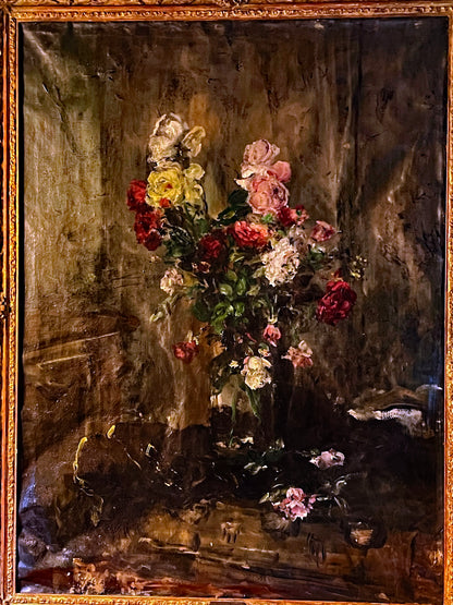 Mystical Roses Still Life by Aurél Náray (1883–1959) – Large Antique Hungarian Floral Painting c.1920 in Ornate Gilt Frame