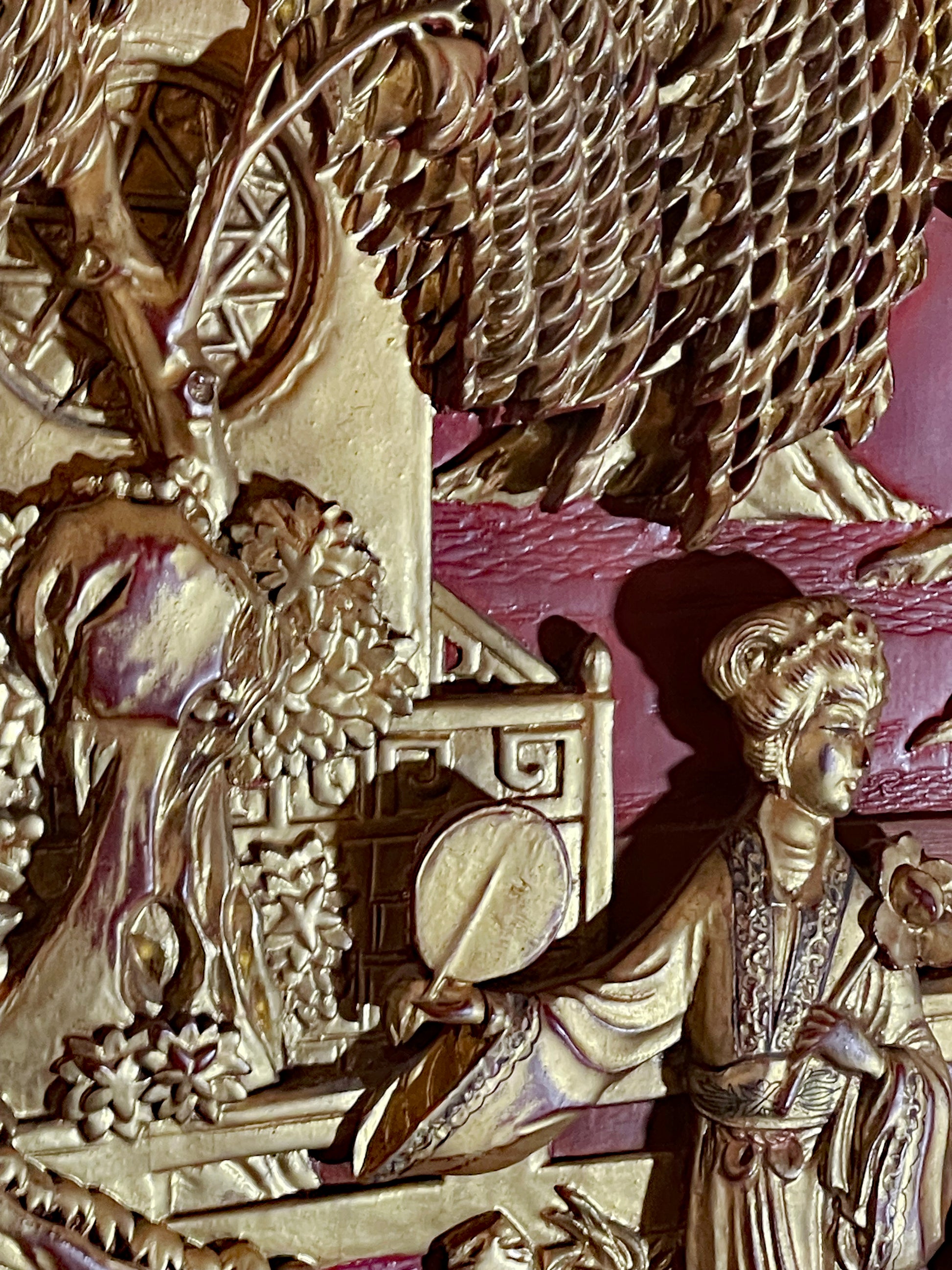 Gilt-wood carved figures detail Chinese decorative tablet