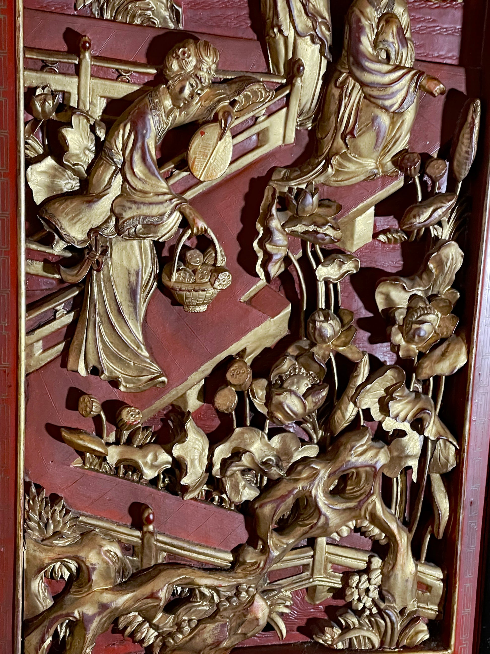 Smaller Chinese carved gilt-wood relief panel