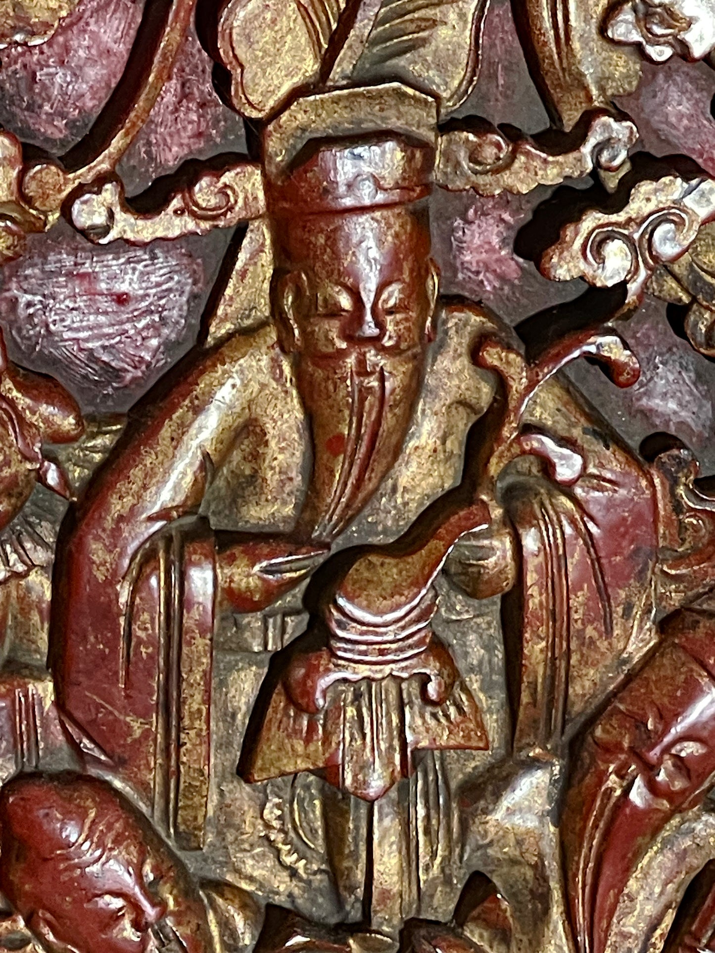 Carved gilt-wood relief scene Chinese antique panel