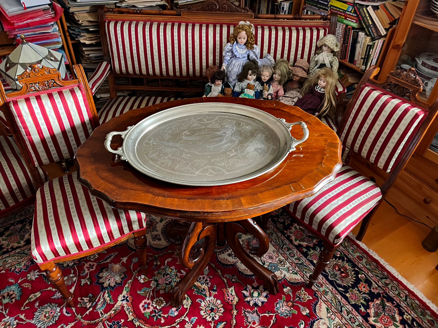 Antique Biedermeier seating set, settee and matching chairs in striped silk