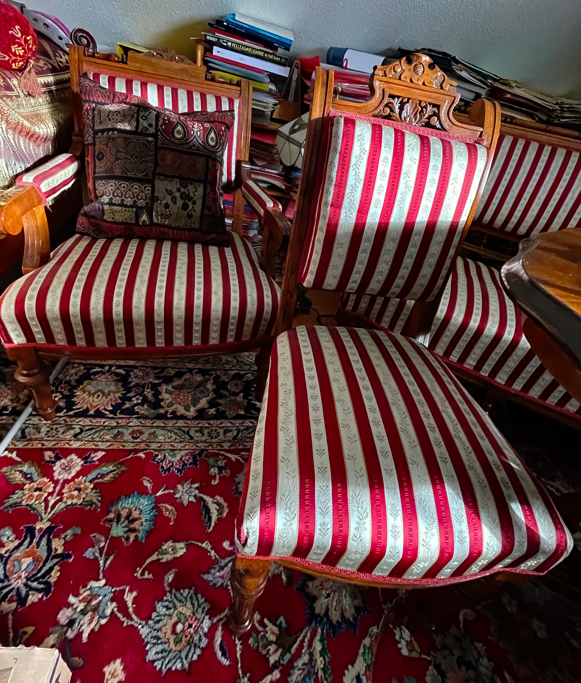 Biedermeier armchair and side chair detail with bordeaux stripe upholstery
