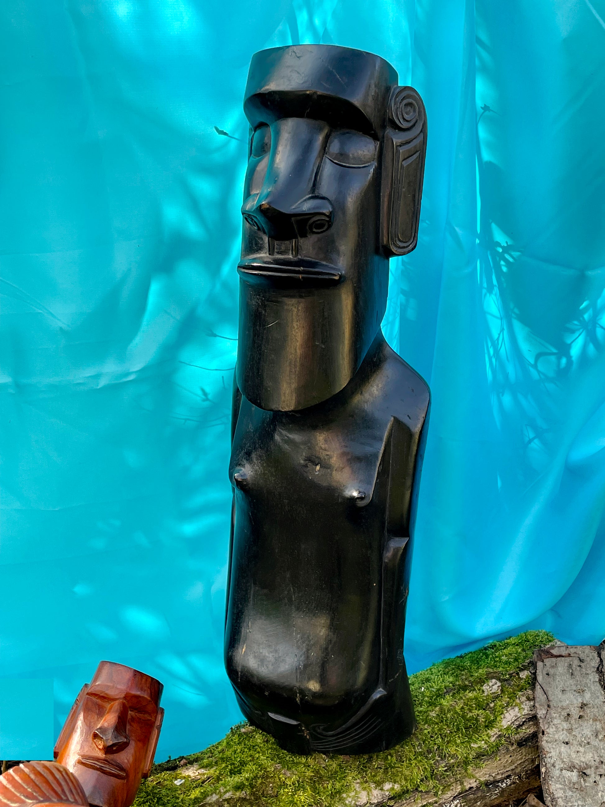 Tall black 58 cm Easter Island Moai figure with carved ear spirals