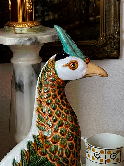 Striking Pair of Large Vintage Glazed Majolica Pheasants – Hand-Painted Terracotta