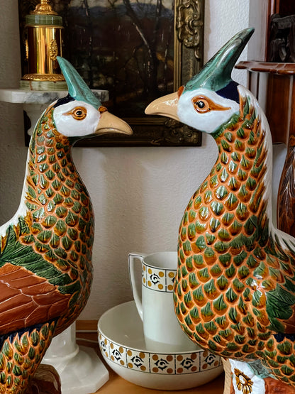 Striking Pair of Large Vintage Glazed Majolica Pheasants – Hand-Painted Terracotta