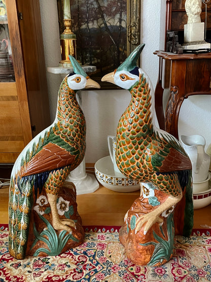 Striking Pair of Large Vintage Glazed Majolica Pheasants – Hand-Painted Terracotta
