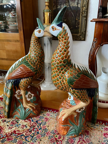 Striking Pair of Large Vintage Glazed Majolica Pheasants – Hand-Painted Terracotta