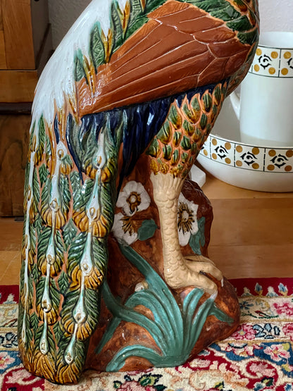 Striking Pair of Large Vintage Glazed Majolica Pheasants – Hand-Painted Terracotta