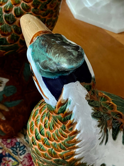 Striking Pair of Large Vintage Glazed Majolica Pheasants – Hand-Painted Terracotta