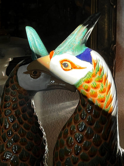 Striking Pair of Large Vintage Glazed Majolica Pheasants – Hand-Painted Terracotta