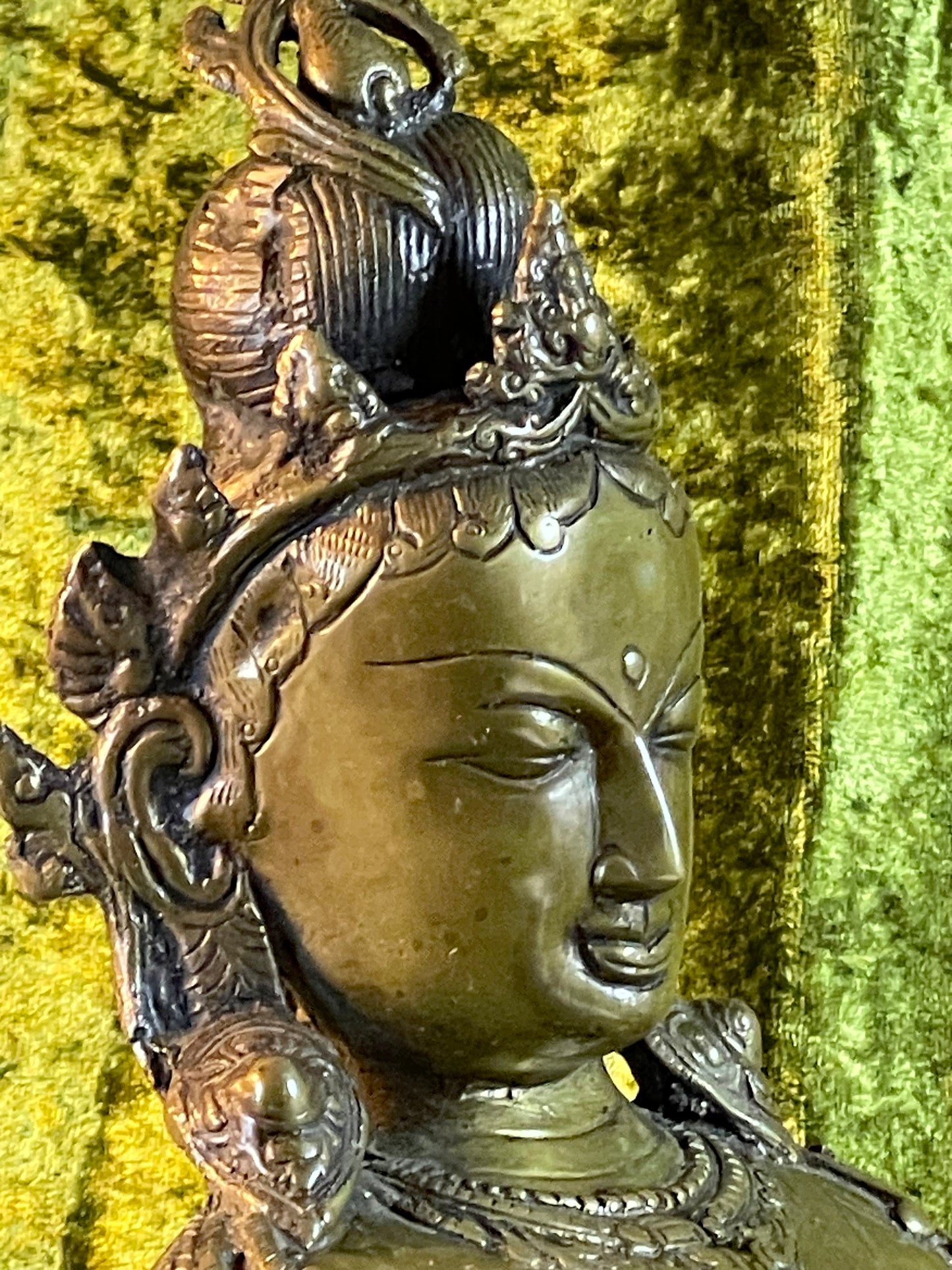 Profile of Green Tara's serene face and foliate crown