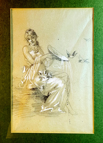 Art Nouveau Drawing: Seated Lady with Birds, Original 1960s Frame