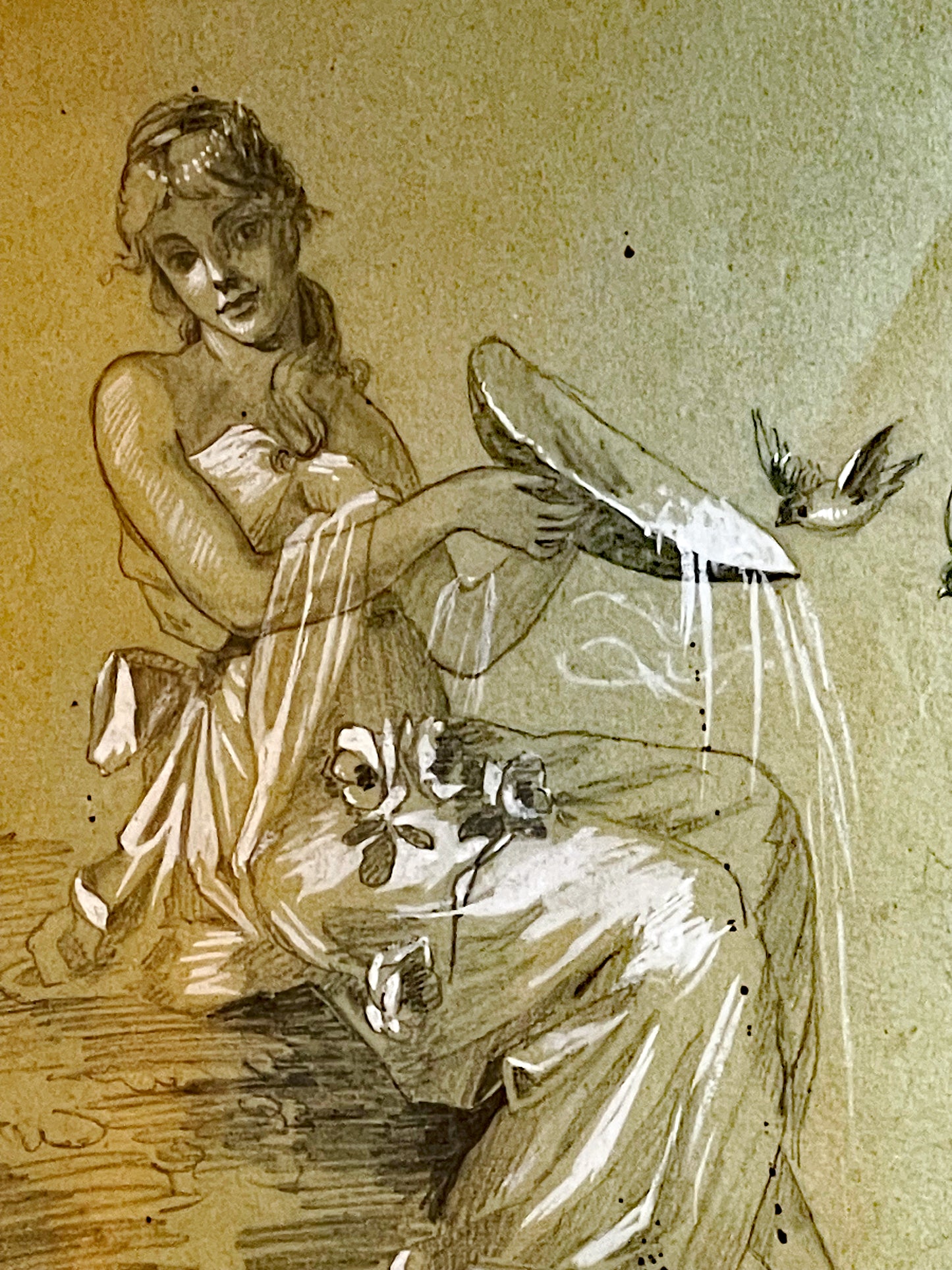 Art Nouveau Drawing: Seated Lady with Birds, Original 1960s Frame