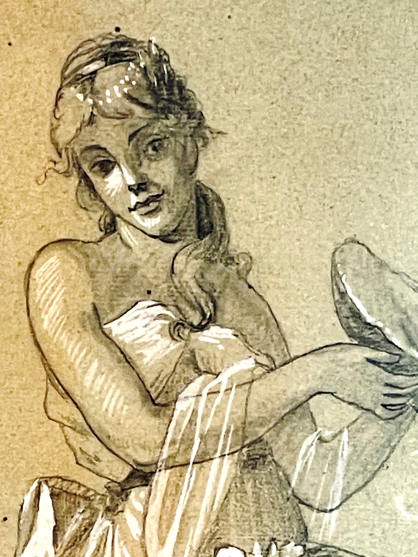 Art Nouveau Drawing: Seated Lady with Birds, Original 1960s Frame