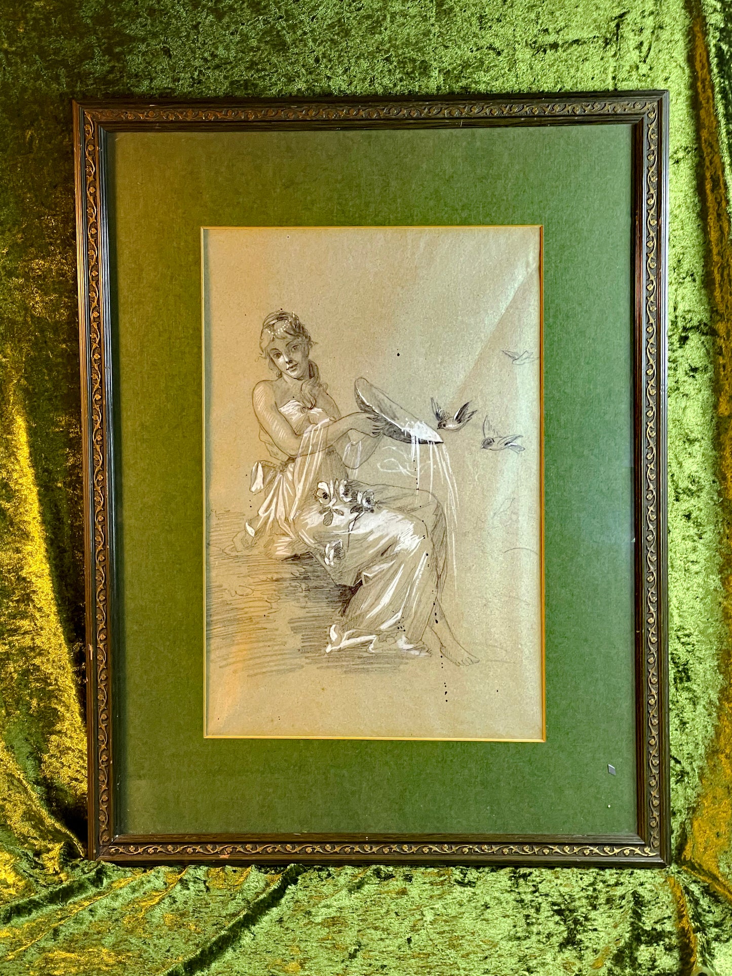 Art Nouveau Drawing: Seated Lady with Birds, Original 1960s Frame