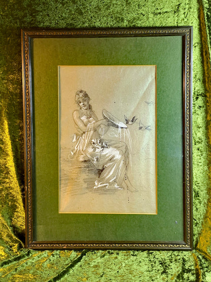 Art Nouveau Drawing: Seated Lady with Birds, Original 1960s Frame