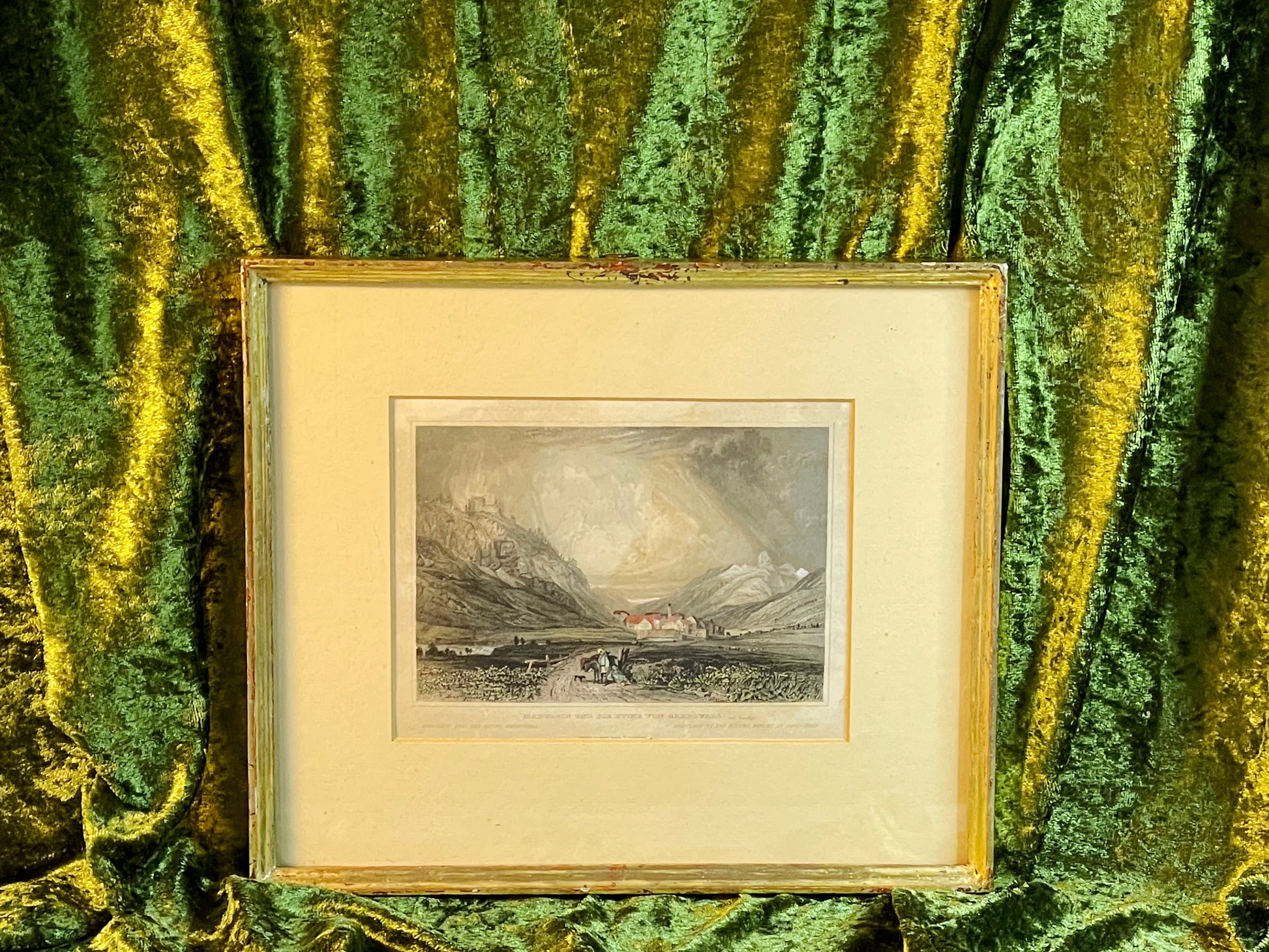 Antique hand-coloured engraving of Madulain and Burg Guardaval, Switzerland, framed